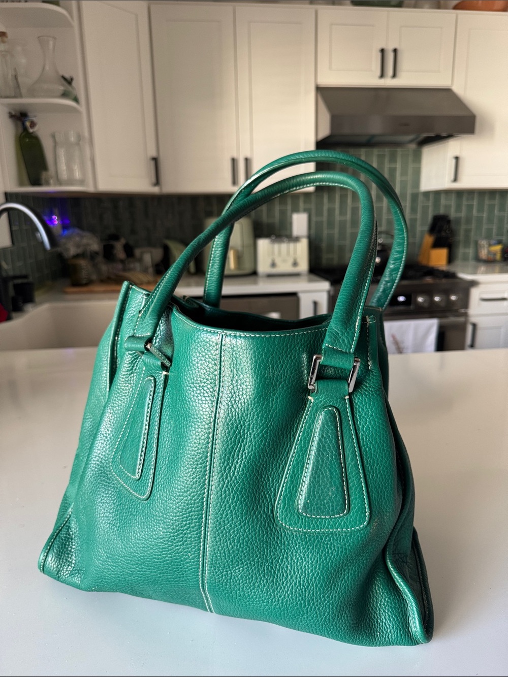 Tignanello Teal Green Pebble Leather Shoulder Bag